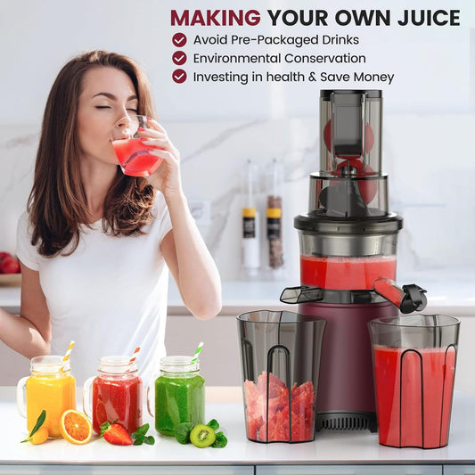 Masticating Cold Press Juicer Machines: 200W Pure Slow Juicer With Quiet Motor For Vegetable And Fruit Easy To Clean, Red